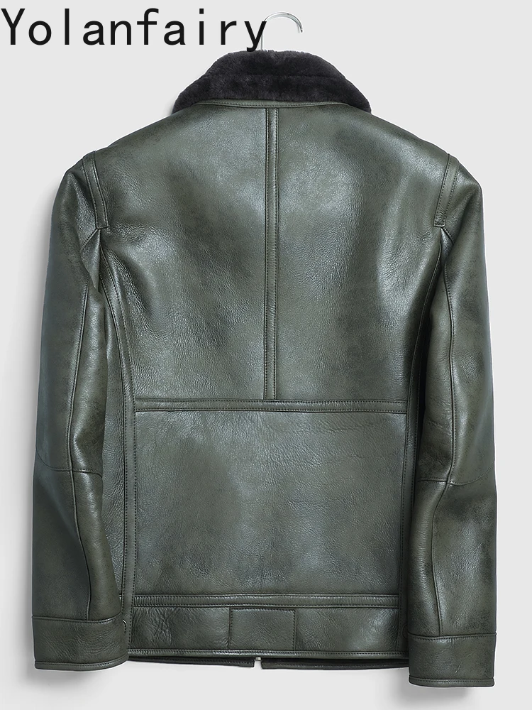 YOLANFAIRY Natural Sheepskin Fur Jacket for Men 2025 Winter Short Warm Real Wool Fur Coat Man Army Green Color Leather Jackets