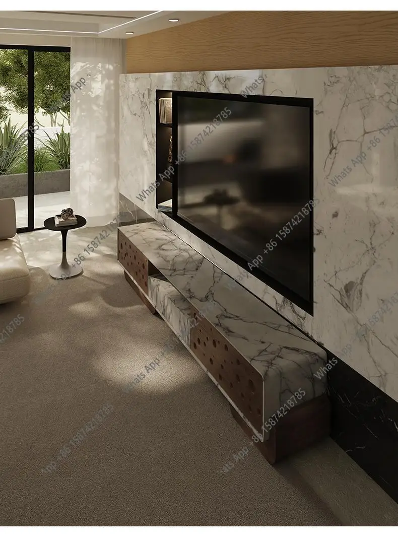 

Настраиваемая ТВ-скамья для виллы, бесплатная настройка подставки под телевизор из натурального мрамора, современный минималистичный шкаф для хранения в гостиной и чайный столик