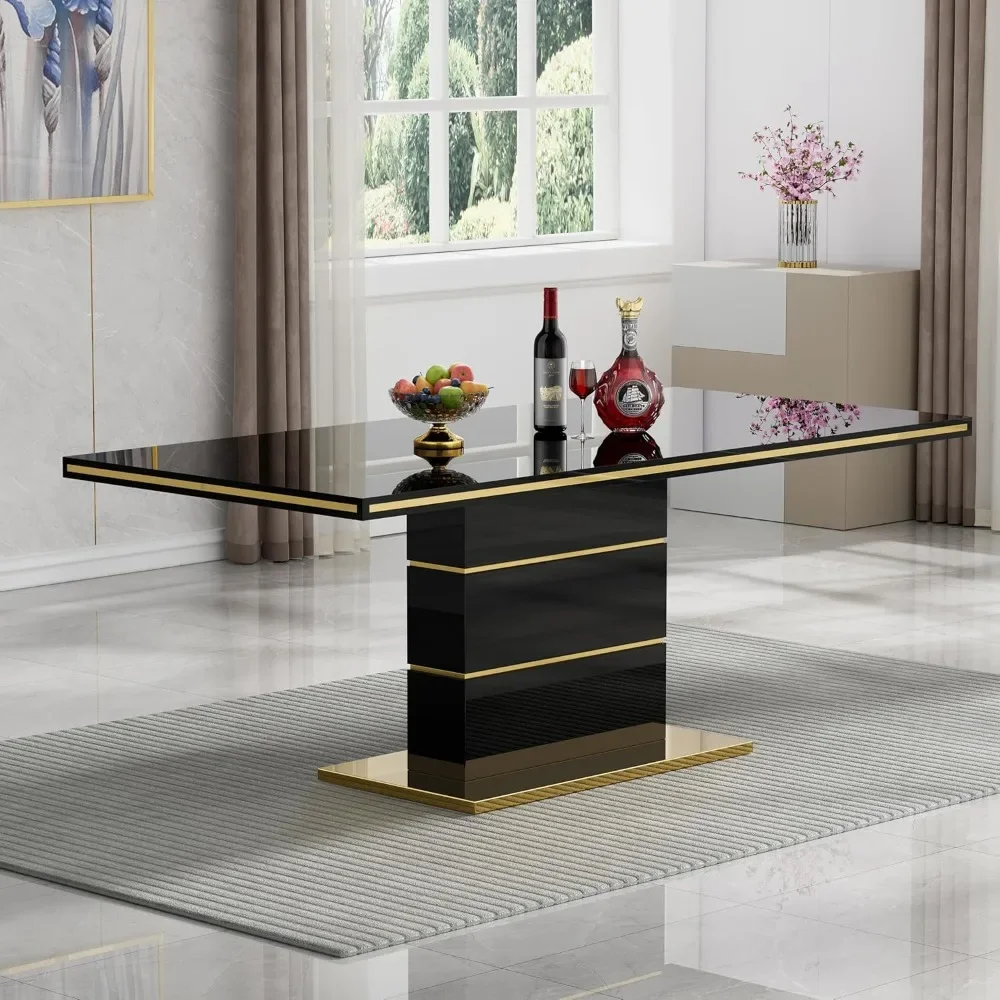

63" dining table for 4/6 people, high gloss lacquer coating, gold stainless steel trim, rectangular dining table
