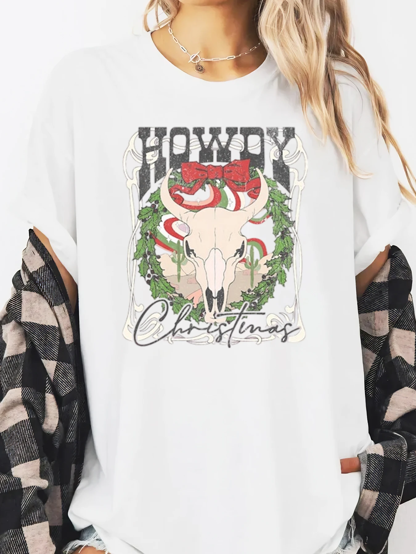 Cowboy crâne noël imprimé à manches longues T-shirt femmes vacances tenue décontracté blanc grande taille