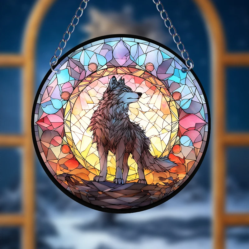 1pc Wolf Suncatcher Wall Sign Round Dyed Acrylic Art Board Hanging Plaque Pendant for Door Farmhouse Festival Home Room Decor