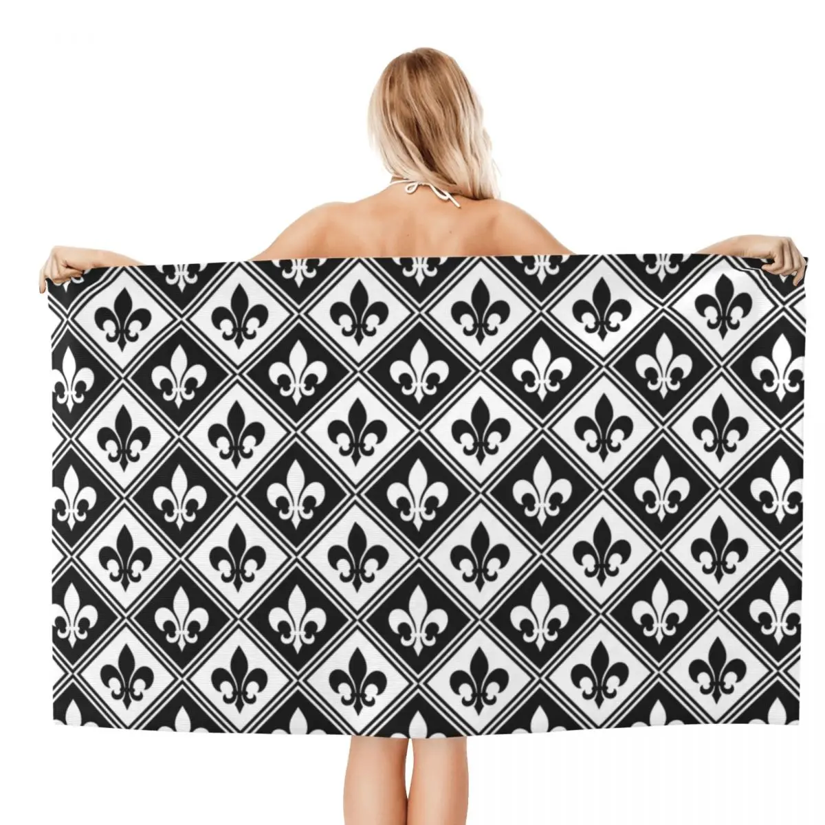 Customized Black Fleur De Lis And Diamond Pattern Beach Towel Fleur-De-Lys Lily Floral Breathable Microfiber Bath Towels