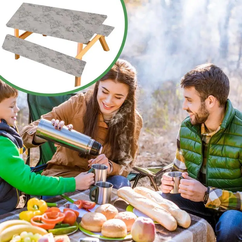 3PCS/Set Picnic Table And Bench Fitted Tablecloth Cover Elastic Waterproof Flannel Backing Tablecloth For Picnic Camping