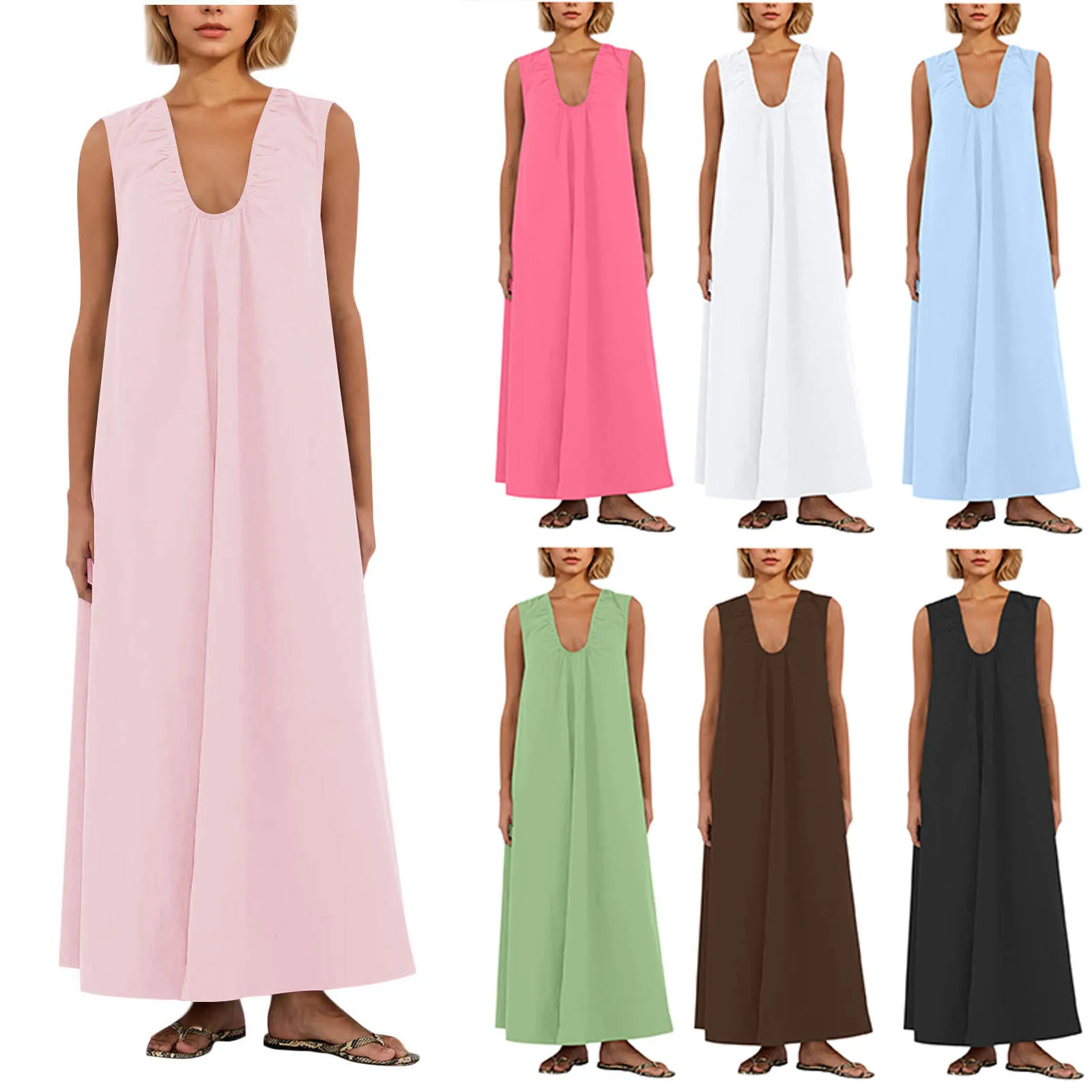 Neues Damen-Tanktop-Kleid für den Sommer mit breiten Trägern, plissiert, locker, V-Ausschnitt, ärmellos, Maxikleid