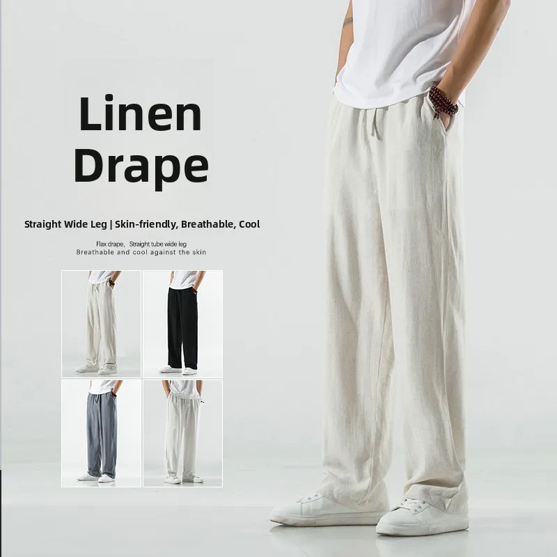 

Summer Thin Cotton Linen Wide Leg Pants Men's Loose Straight Casual Trousers Drapey Lightweight Breathable Straight Cut Jeans
