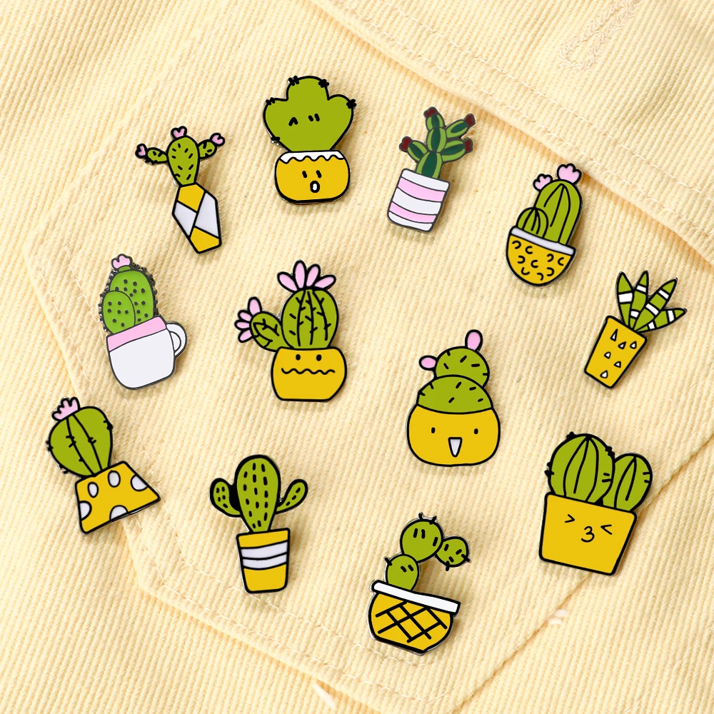 12 Styles Cute Cactus Enamel Pins Metal Plant Brooches Women Men Jeans Coat Lapel Pin Badges Kids Backpack Decoration Jewelry