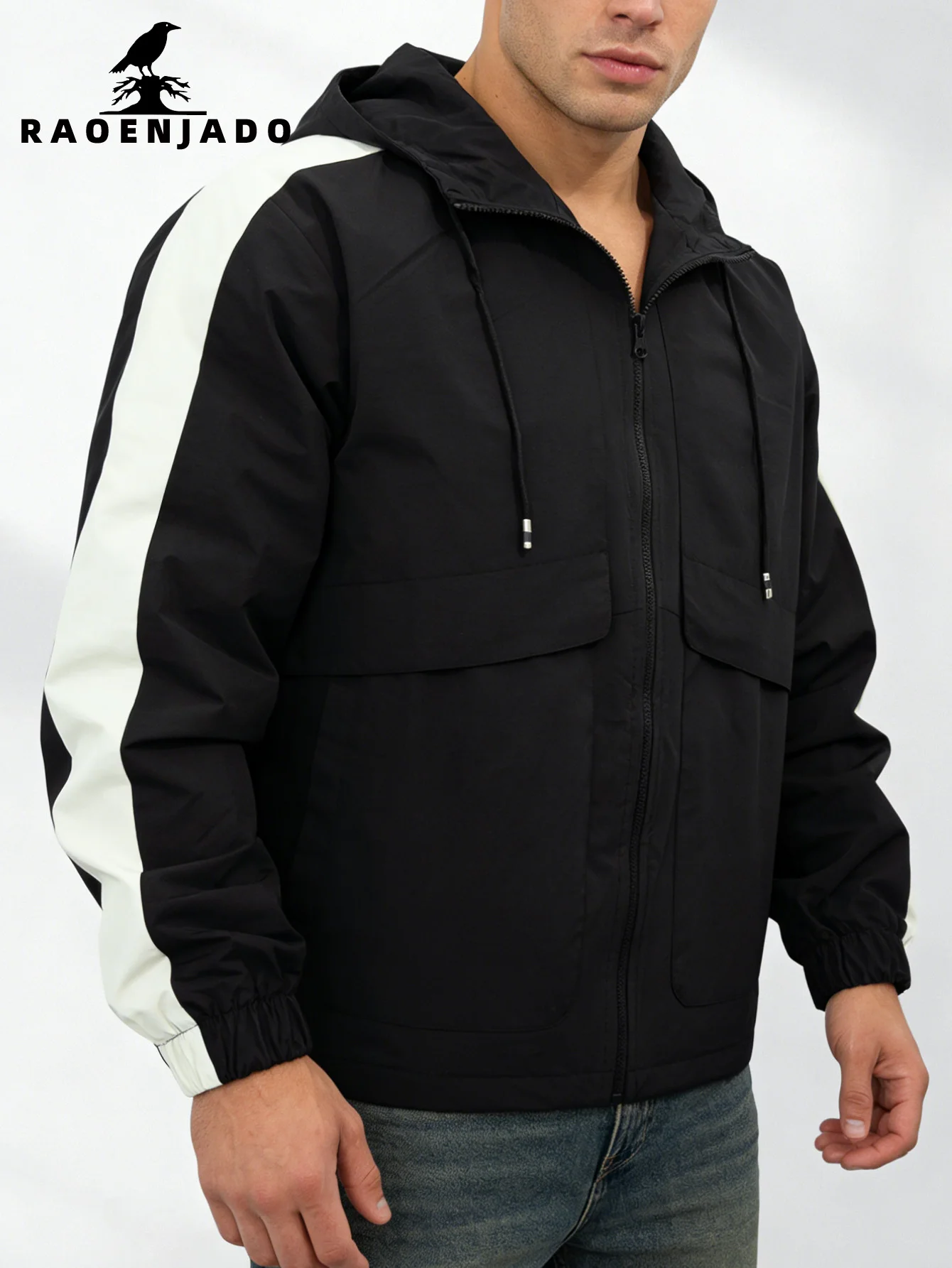 

Men's Hooded Zipper Jacket Warm Spring&Autumn Outerwear with Drawstring Brim Casual Color-blocking Sporty Style Waterproof Coat
