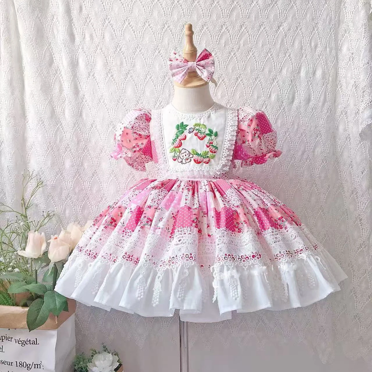 

0-12Y Baby Girl Summer Pink Strawberry Embroidery Turkish Vintage Princess Ball Gown Dress for Birthday Holiday Eid B396