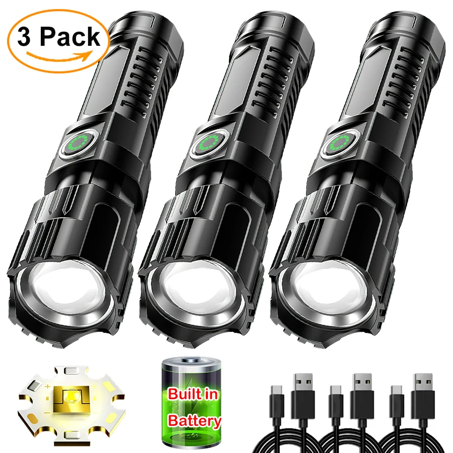Super Bright P200 LED Flashlight Zoom Tactical Torch Built-in Battery USB Rechargeable Waterproof Lamp Ultra Bright Lantern
