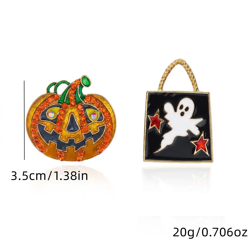 Asymmetrische Kürbis-Geister-Ohrstecker für Damen, Halloween-Emaille-Geister-Einkaufstaschen-Form-Hängeohrringe, Festival-Cosplay-Schmuck – Detail 8