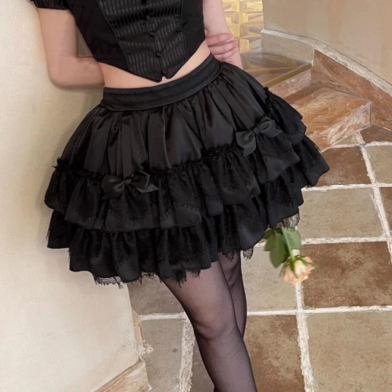 

2024 Fairy Grunge Black White Pleated Cake Mini Skirts Sweet Bow Women Y2k Lace Skirts Harajuku Japanese Kawaii Lolita Skirts