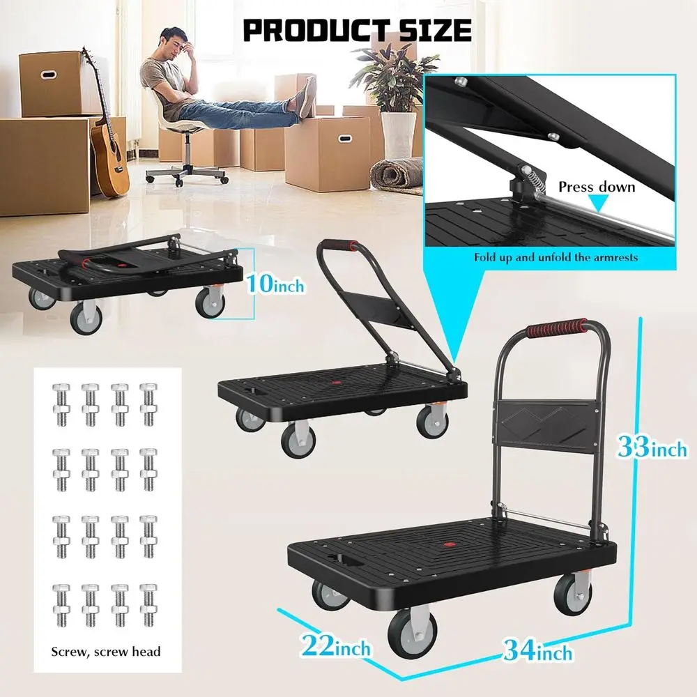 รถเข็นพับได้แบบหนักพร้อมล้อหมุน รับน้ำหนักได้ 1000 ปอนด์ ขนาด 34x22 นิ้ว สำหรับใช้ในบ้านและคลังสินค้า