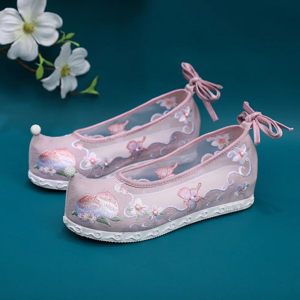 Summer Women Ankle Strap Chinese Style Embroidered Gauze Mesh Platform Flats Ladies Comfortable Hanfu Shoes White Pink