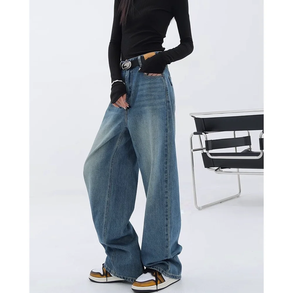 Women's Vintage High-Waisted Straight Wide-Leg Denim Jeans‌ - 2025 Summer Distressed & Washed Casual Comfort Fit