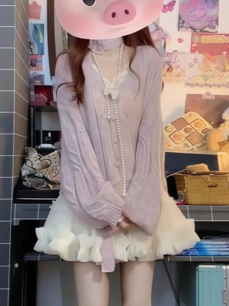 Korean Style Gentle Purple Fashion 3 Piece Set Women Chic Knitted Sweater Cardigan + Vest + Skirts Japanese Sweet Retro Outfits