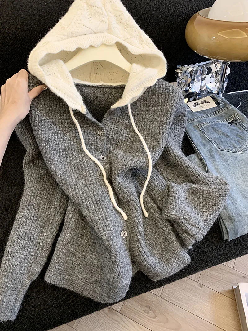 

Новый модный лоскутный свитер с капюшоном, свободный и универсальный, утягивающий вязаный кардиган для женщин