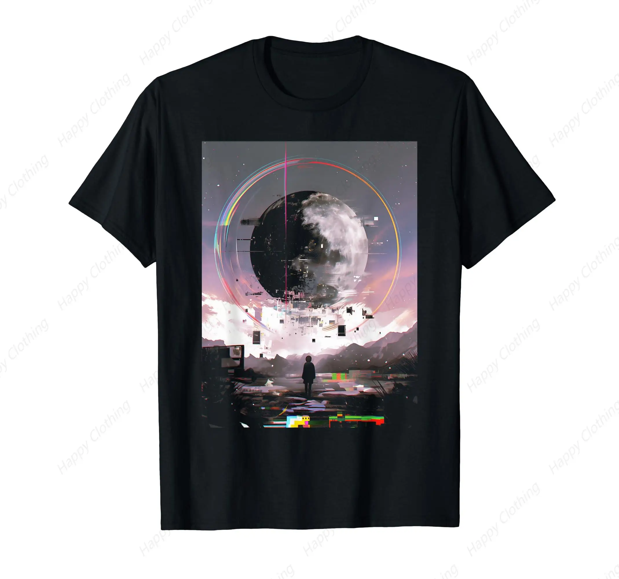 Moon Vaporwave Futuristic Techwear Cyberpunk Aesthetic Oversized Graphic Tees Y2k Vintage Tees Print Streetwear T-Shirt