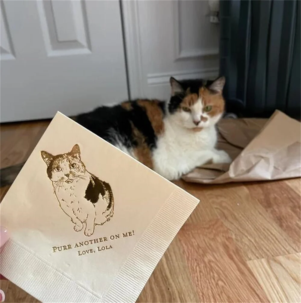 50PCS Custom Pet Cocktail Napkins for Weddings and Special Events - Personalized Wedding Napkins with Dog or Cat Illustrations