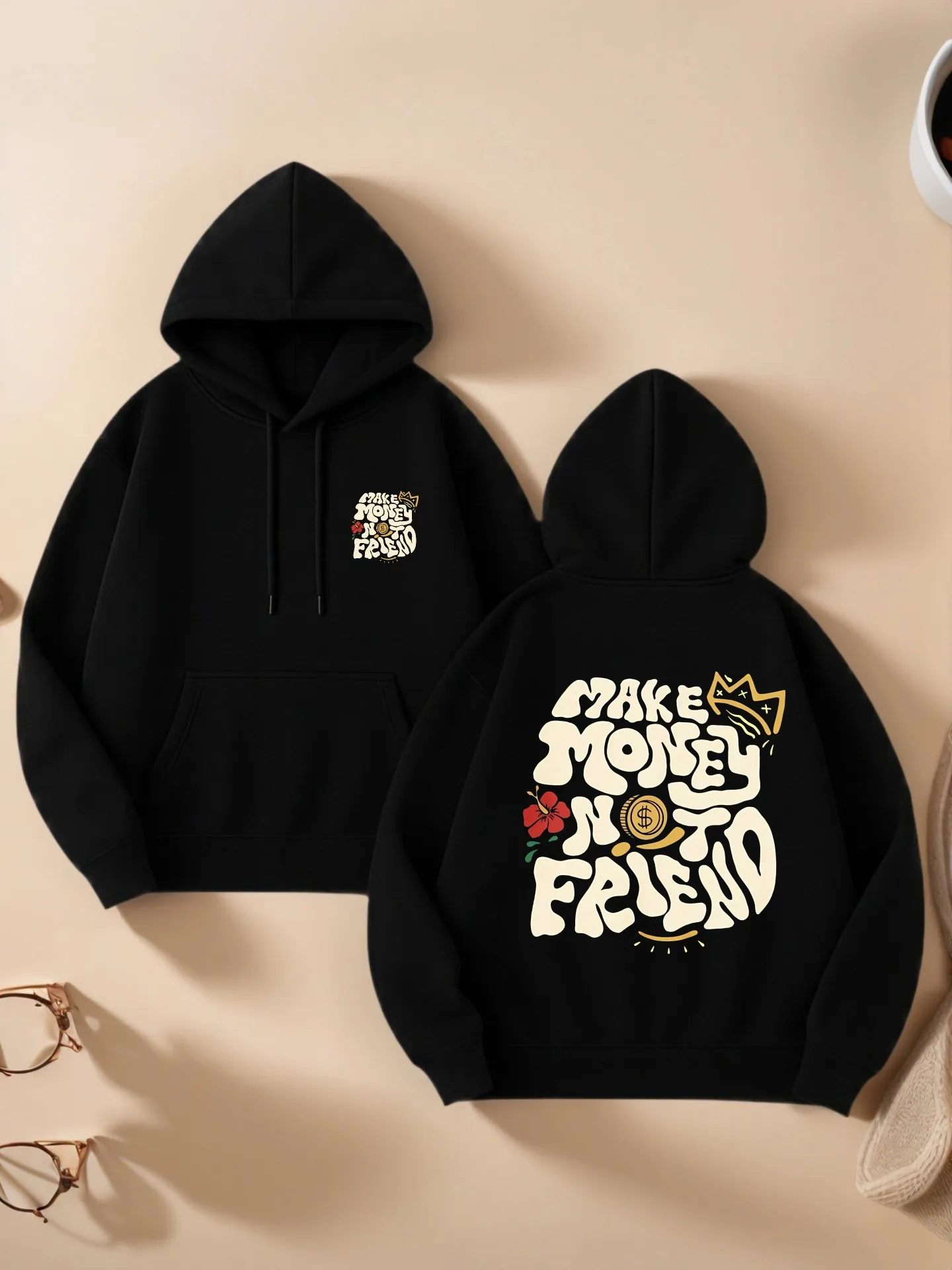 

Женская толстовка с рисунком, принт «Сделай деньги друзей», милый эстетический дизайн, мягкая ткань, повседневная повседневная одежда, для подростков