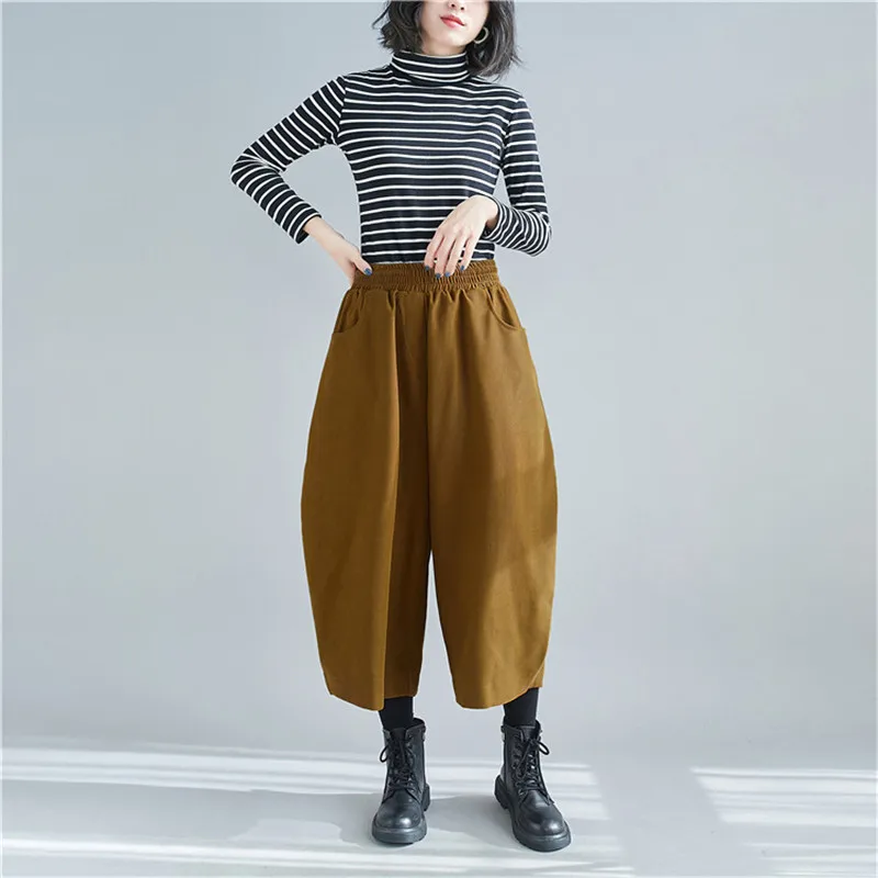 Johnature 2024 Spring New  Casual Harem Pants Simple Elastic Waist Loose Soild Color Ankle-lenght Women Pants