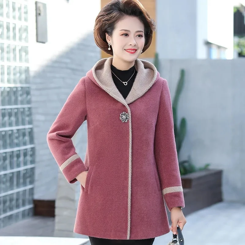 

Middle-aged Elderly Mother's Woolen Jackets Autumn Winter Thicken Quilted Warm Coat Noble Women Imitation Mink Velvet Overcoat