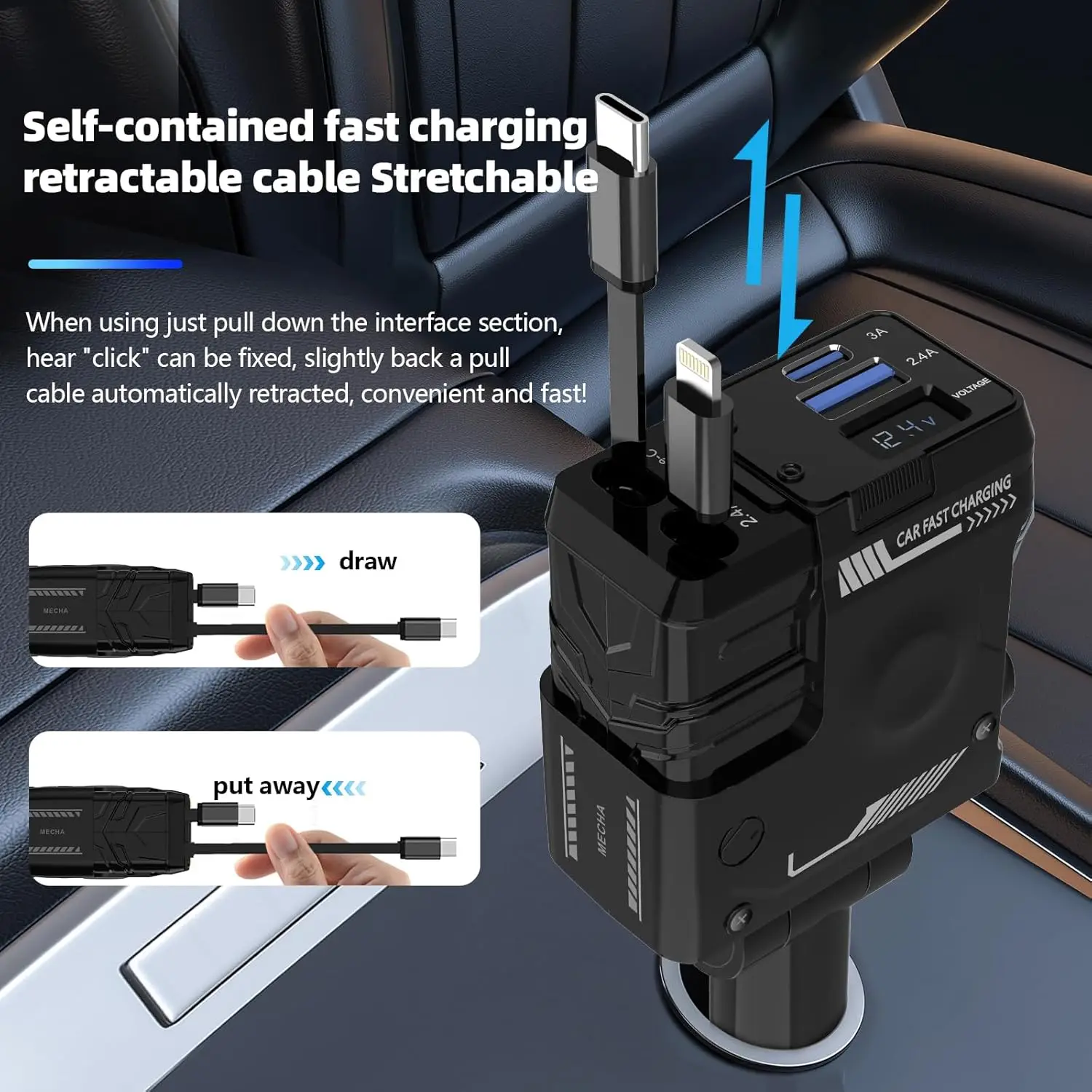 

100W Fast Charging for Iphone 16 Car Charger 4 In 1 Car Phone Charger Usb C Car Charger Retractable Car Charger Voltage Display