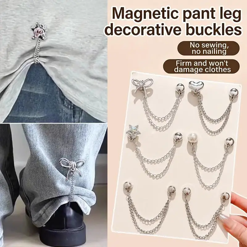 @*Strong Magnetic Trouser Cuff Clips Non-Slip Grip Cute Chain Decor for Jeans Length Adjustment Daily Casual Wear