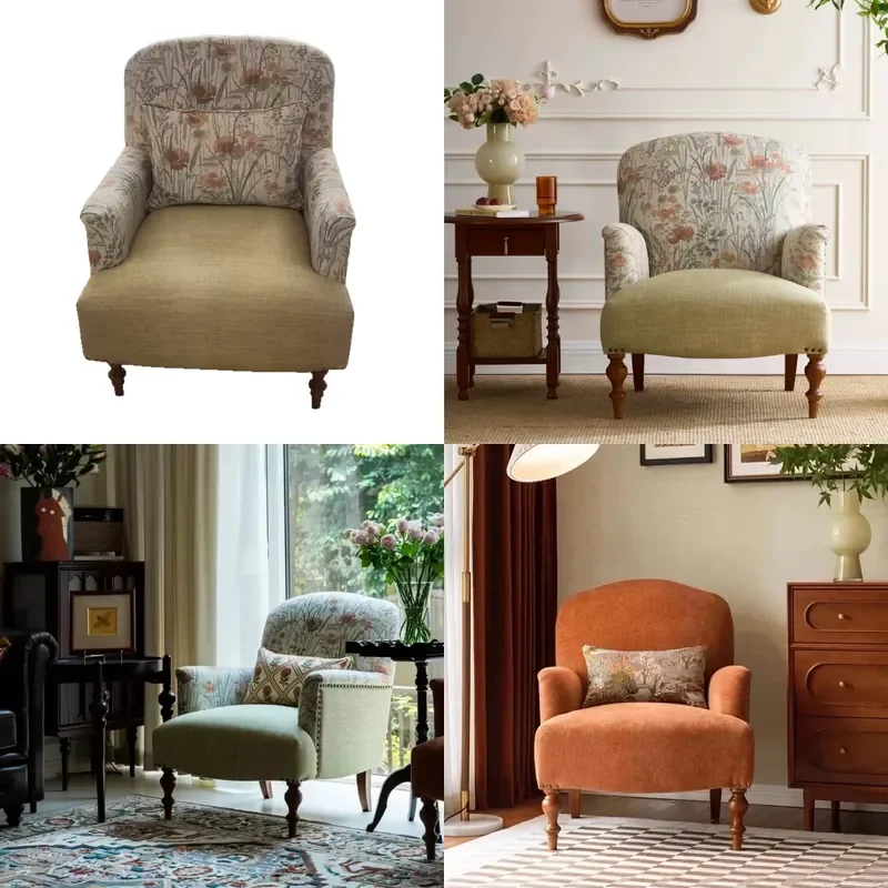 French Retro Solid Wood Fabric Armchair Single Seat for Living Room Study Balcony American Light Luxury Leisure Accent Chair