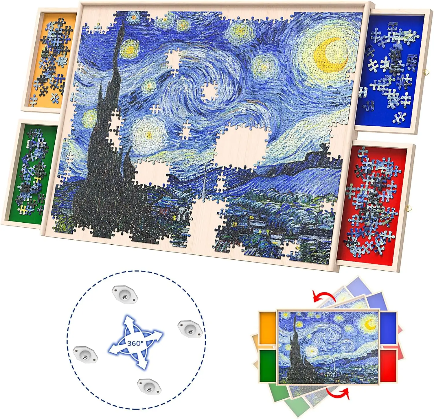 

360-Degree Rotatable Puzzle Board with Drawers and Cover, 1000 Pieces Lightweight Portable Wooden Table for Adults, 30" x 22"