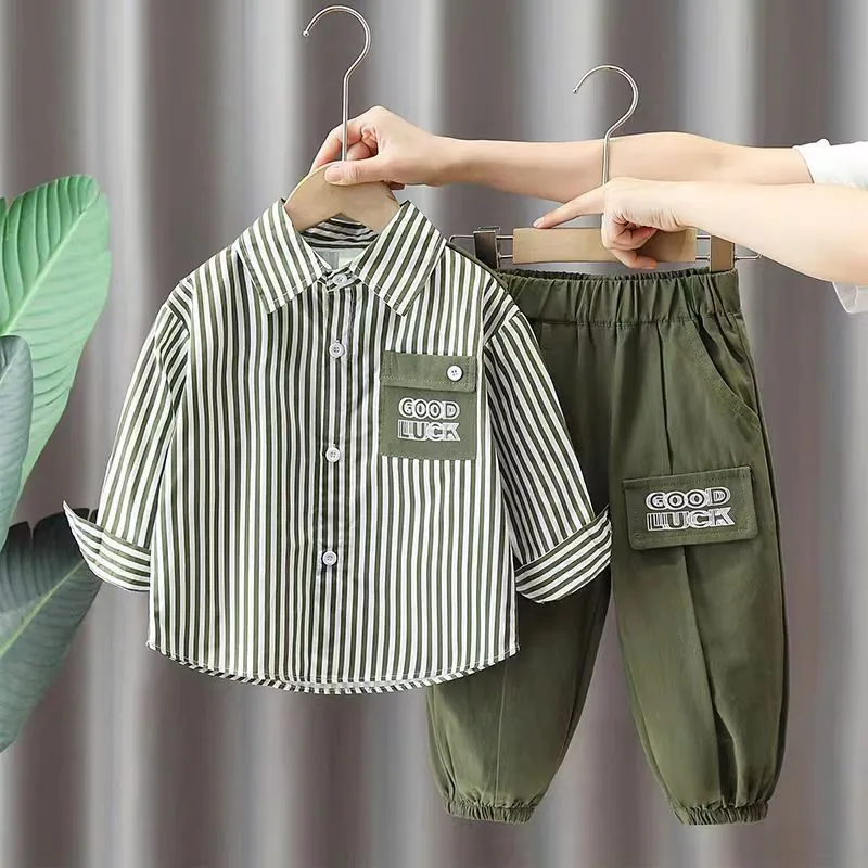 

Spring Autumn New Boys Clothing Set Long Sleeve Striped Letter Label Shirt Pants 2Pcs Suit For 2-8 Years Kids Casual Outfits