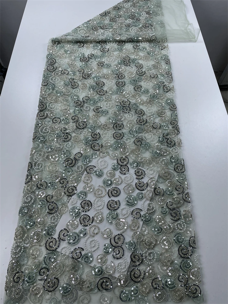 Beautiful Nigerian Sequins Party Lace African Beads Lace Fabric 2025 High Quality 5Yards African French Tulle Net Lace Wedding