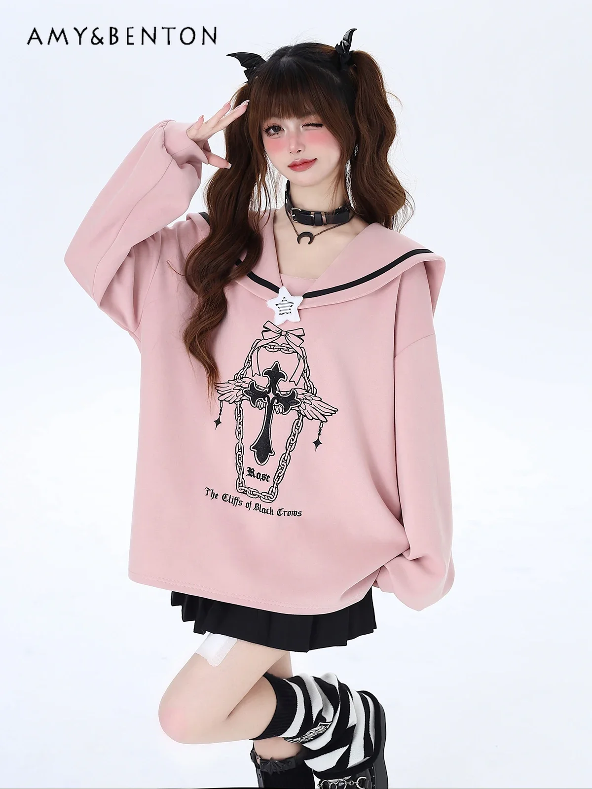 Original Sailor Collar Cartoon Print Goth Two-Dimensional Hoodies Preppy Style Kawaii Oversized Sweatshirt Spring and Summer New