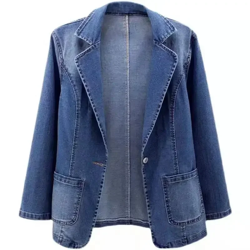 Spring Denim Suit Jacket Femme Long-Sleeve One Button Vintage Autumn Jeans Blazer Women Outerwear Cardigan Clothing 2024