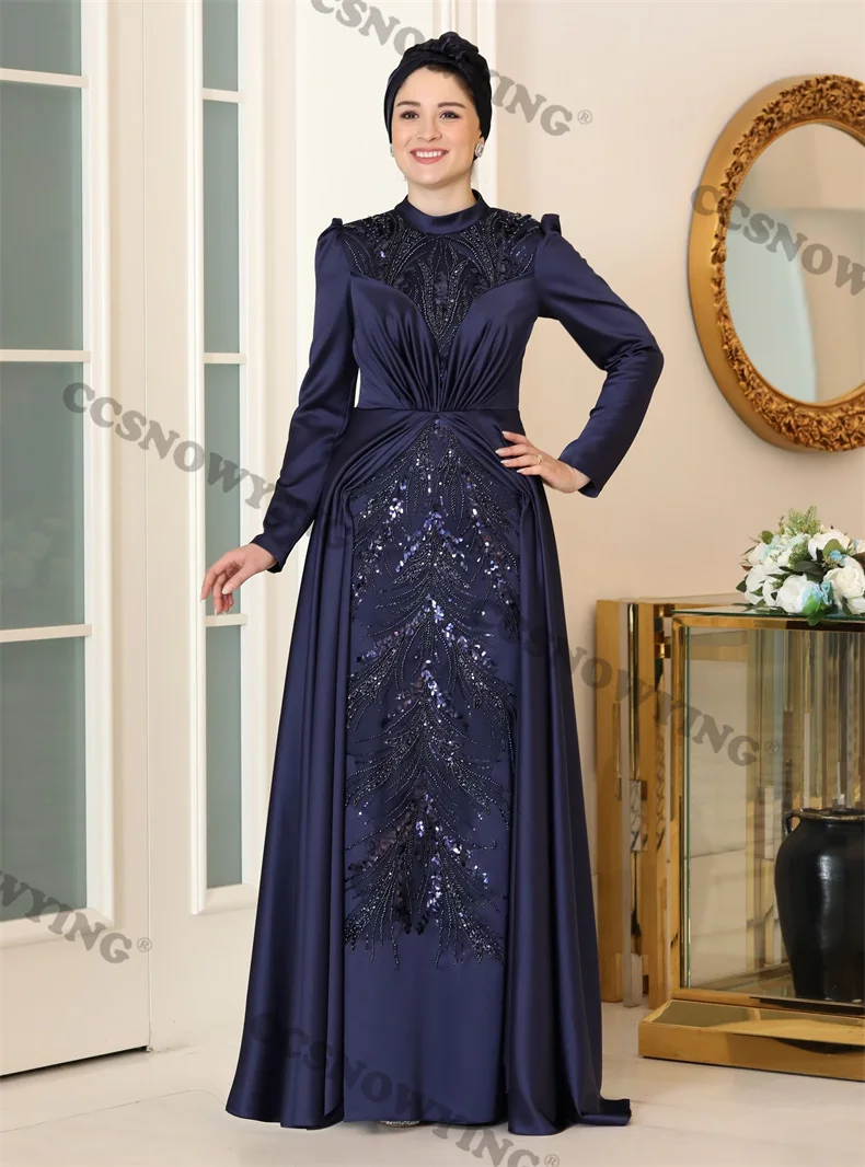 Robe de Soirée en Satin pour Femme Musulmane, Tenue Islamique à Manches sulf, avec des Appliques Perlées, Hijab, Style Arabe, Dubaï