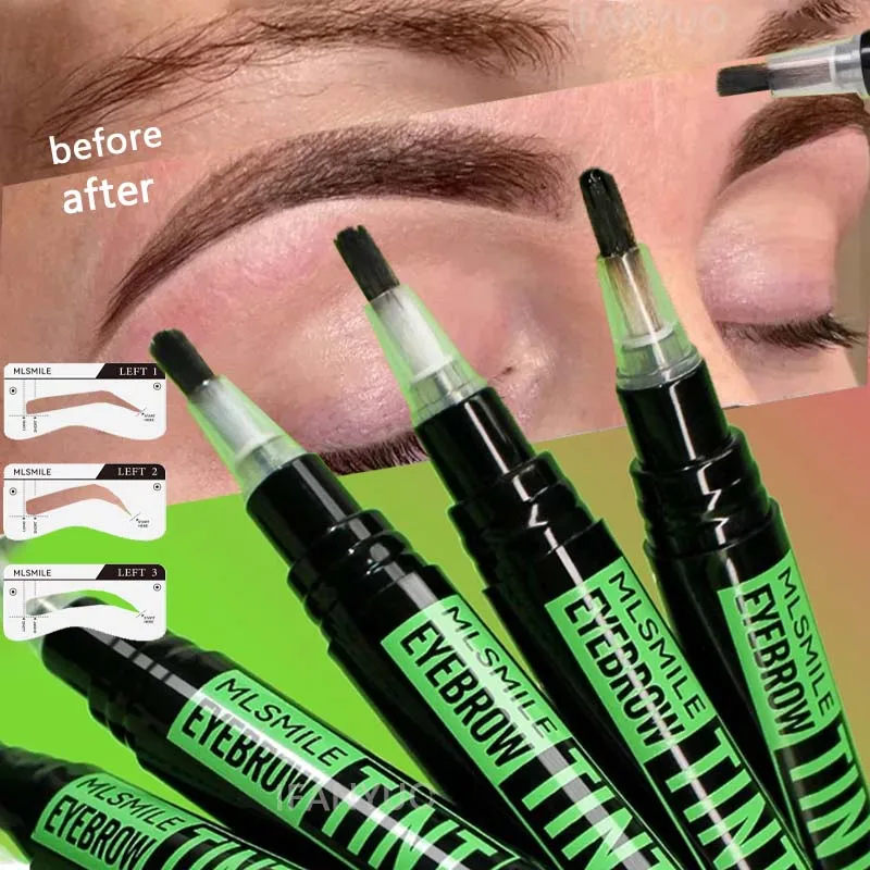 Flüssiger Augenbrauen-Färbestift mit Pinsel, Rotierend, Langanhaltend, Hält 2 Wochen, Wasserfest, Make-up Augenbrauen-Tattoo-Schablonen-Set