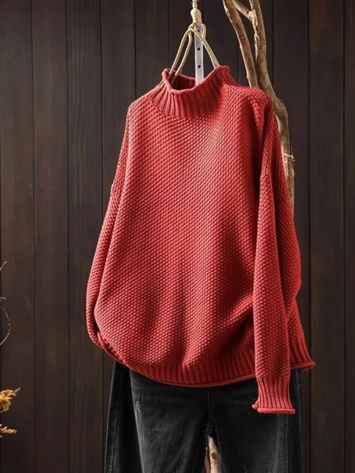 سترة محبوكة فضفاضة غير رسمية للنساء لخريف وشتاء ريترو فني Sle طويل Sve علوي بياقة عالية رفيع عادي #5