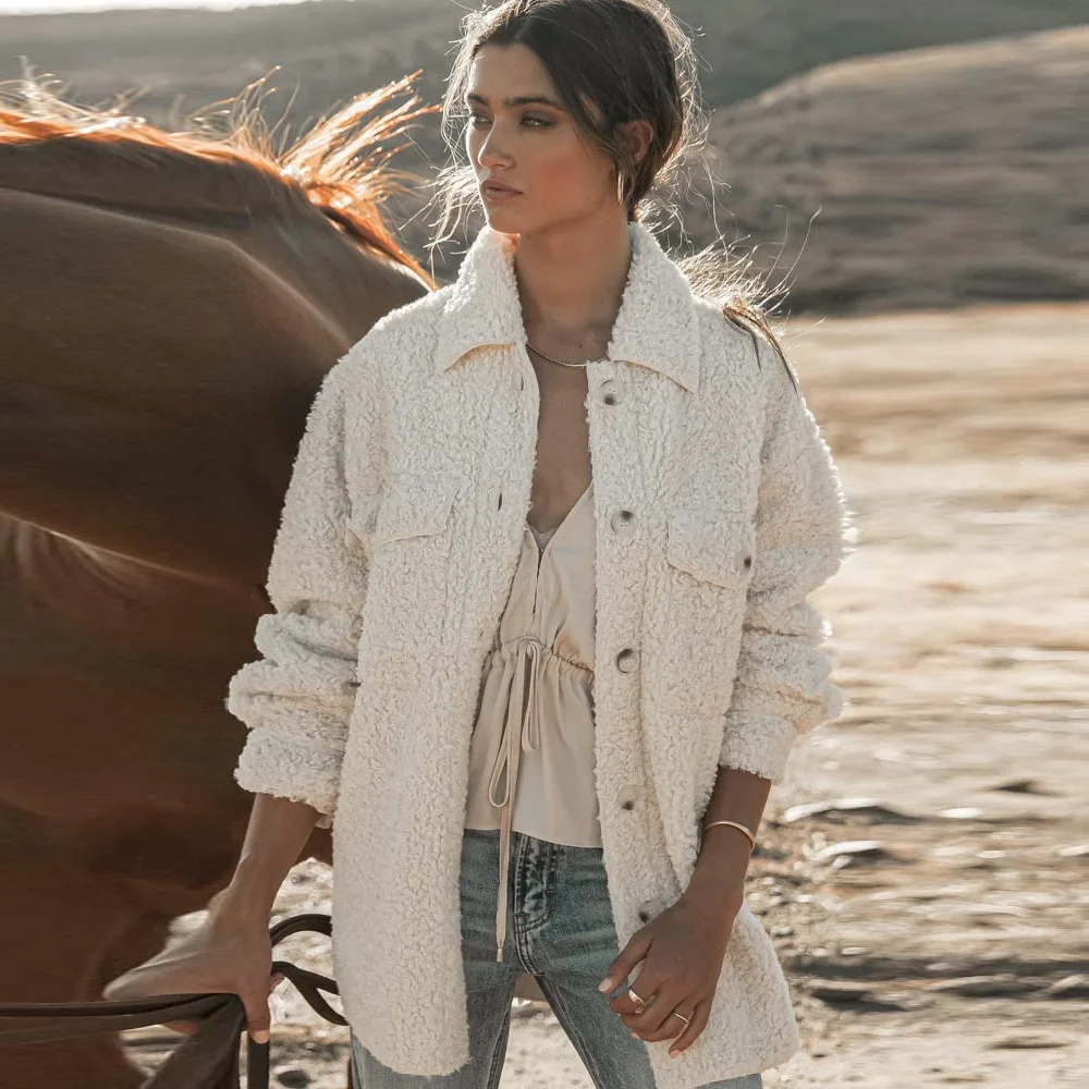 

K Cross-Border Bestseller 2024 Autumn Loose Button Long Sve Teddy Fce Jaet Coat Thiened Polyester Fiber