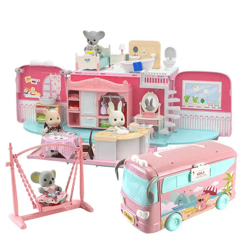 Koala Tour Bus Dollhouse Creative Crafts Miniature Animal Mini Rabbit Bear Play House Dolls Set Villa Furniture Toys Girls Gifts