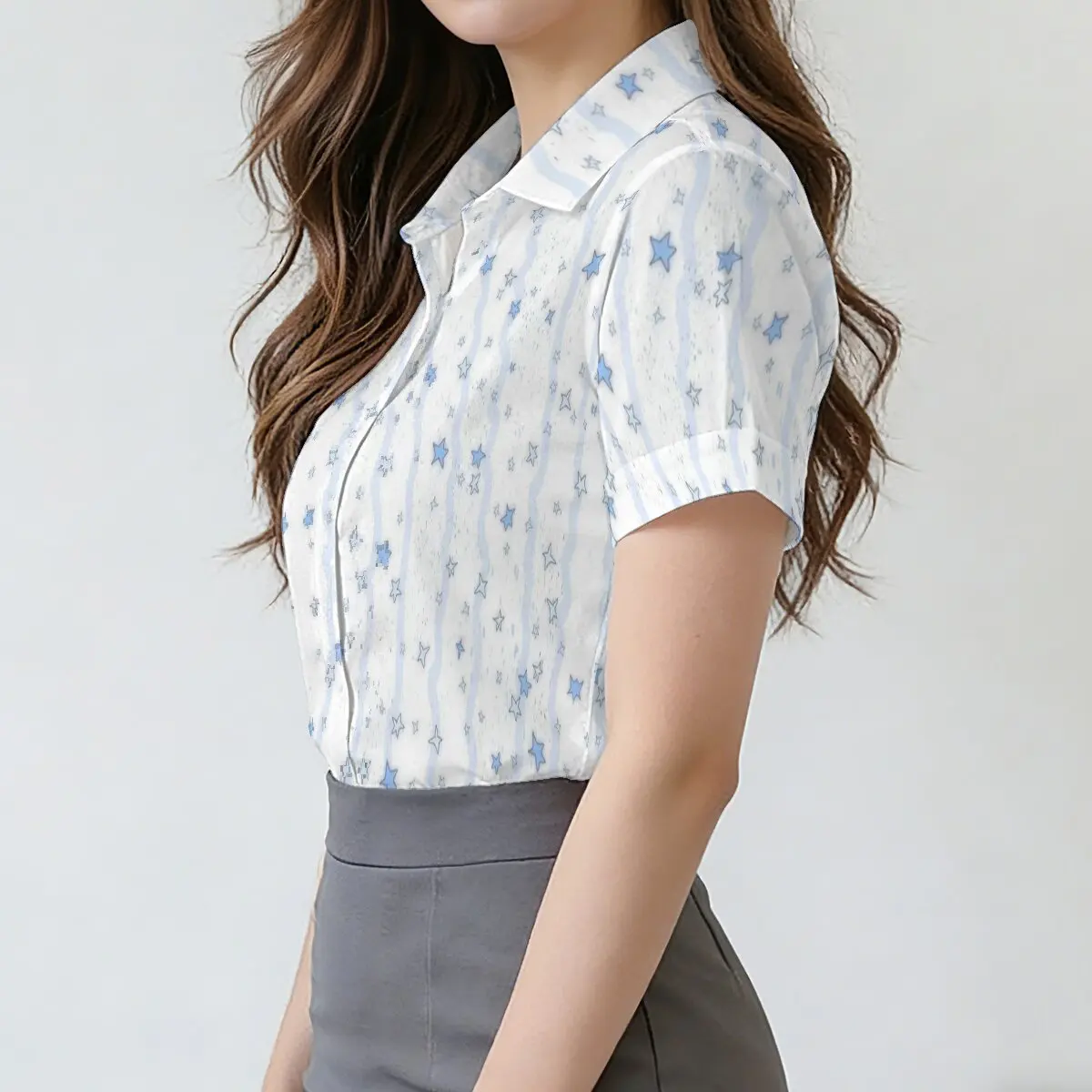Summer women's short-sleeve shirt with striped star patterns, fresh and girly vibe, gentle, dreamy, minimalist and relaxed