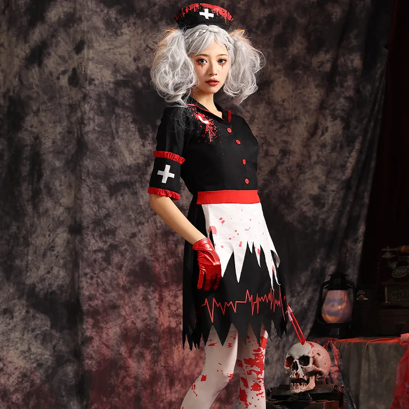 Black Women Bloody Nurse Doctor Cosplay Female Halloween Zombie Walking Dead Costumes Carnival Purim Role Play Show Party Dress