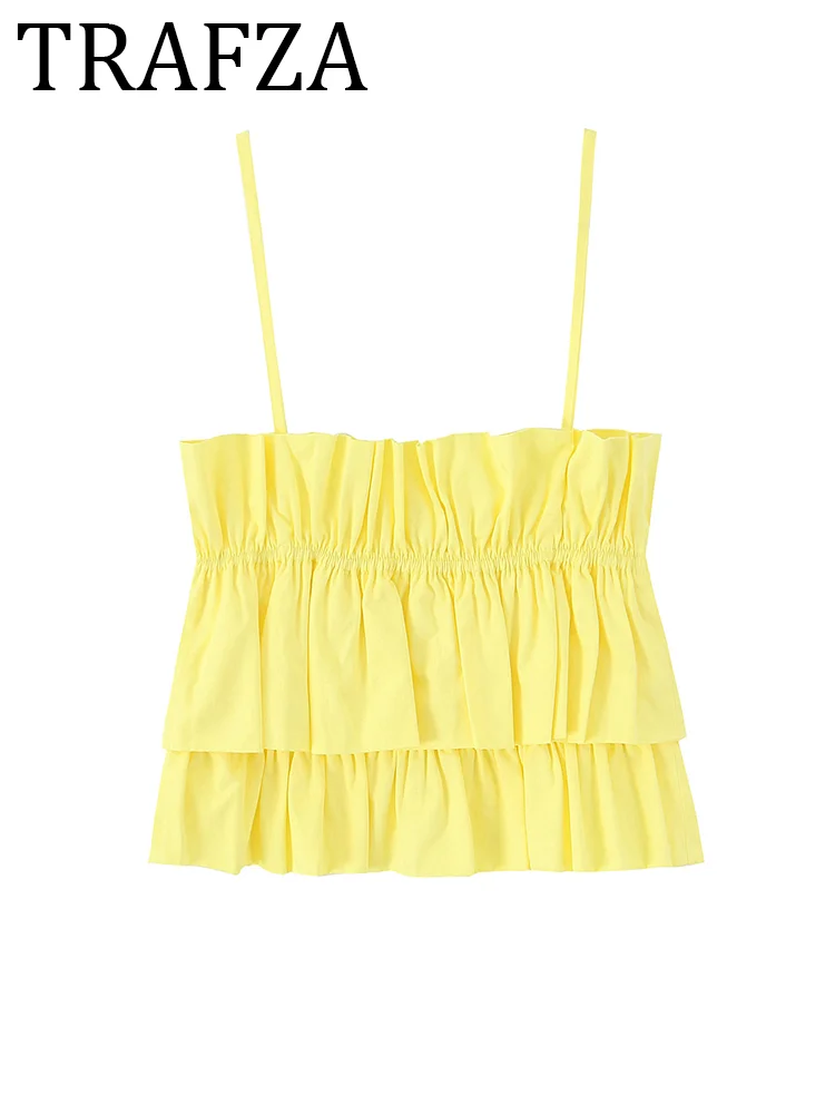 

TRAFZA 2025 Woman Poplin Crop Top Thin Strap Straight Neck Top Yellow Fashion Summer Gathered Tank Top Fitted Y2k Popular Corset