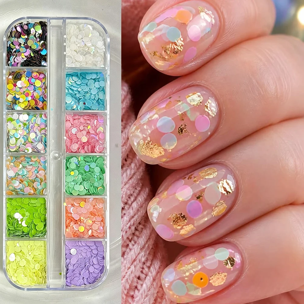 12Grid Holographic Nail Art Sequins 3D Sparkly Mixed Size Macaron Round Dot Flower Glitter Flakes Nail Charms DIY Nail Supplies