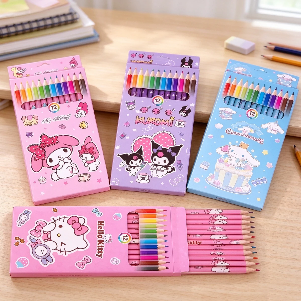 Sanrio 12-Color Cartoon Colored Pencils Set with Hello Kitty My Melody Kuromi - Cute Art Supplies for Kids Drawing