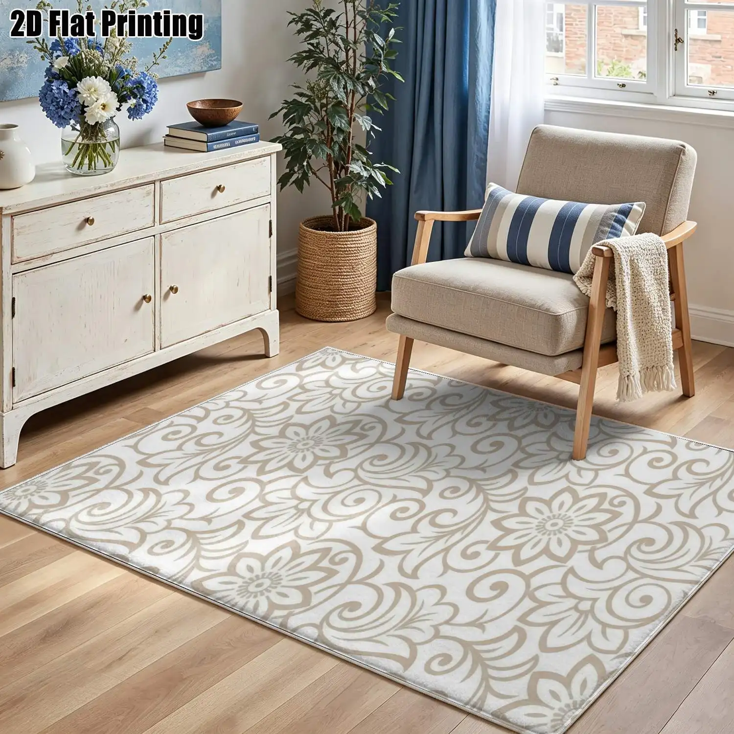 1Pc 2D Printed Velvet Carpet, Beige Floral Scroll Pattern, Multi-Style, Multi-Size, Machine Washable, for Home Multi-Scene Use