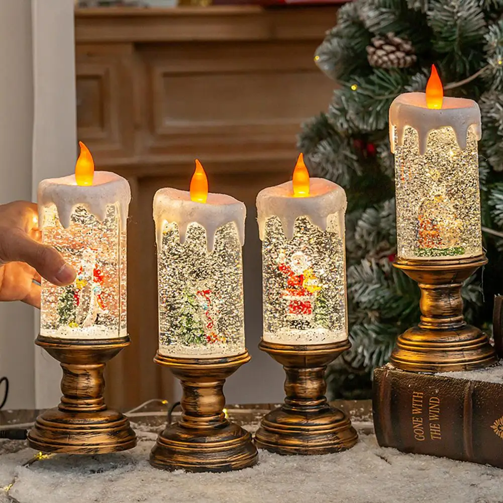 Bougie scintillante en résine LED sans flamme, Père Noël, Bonhomme de neige, Décorations de vacances, ci-après les festives