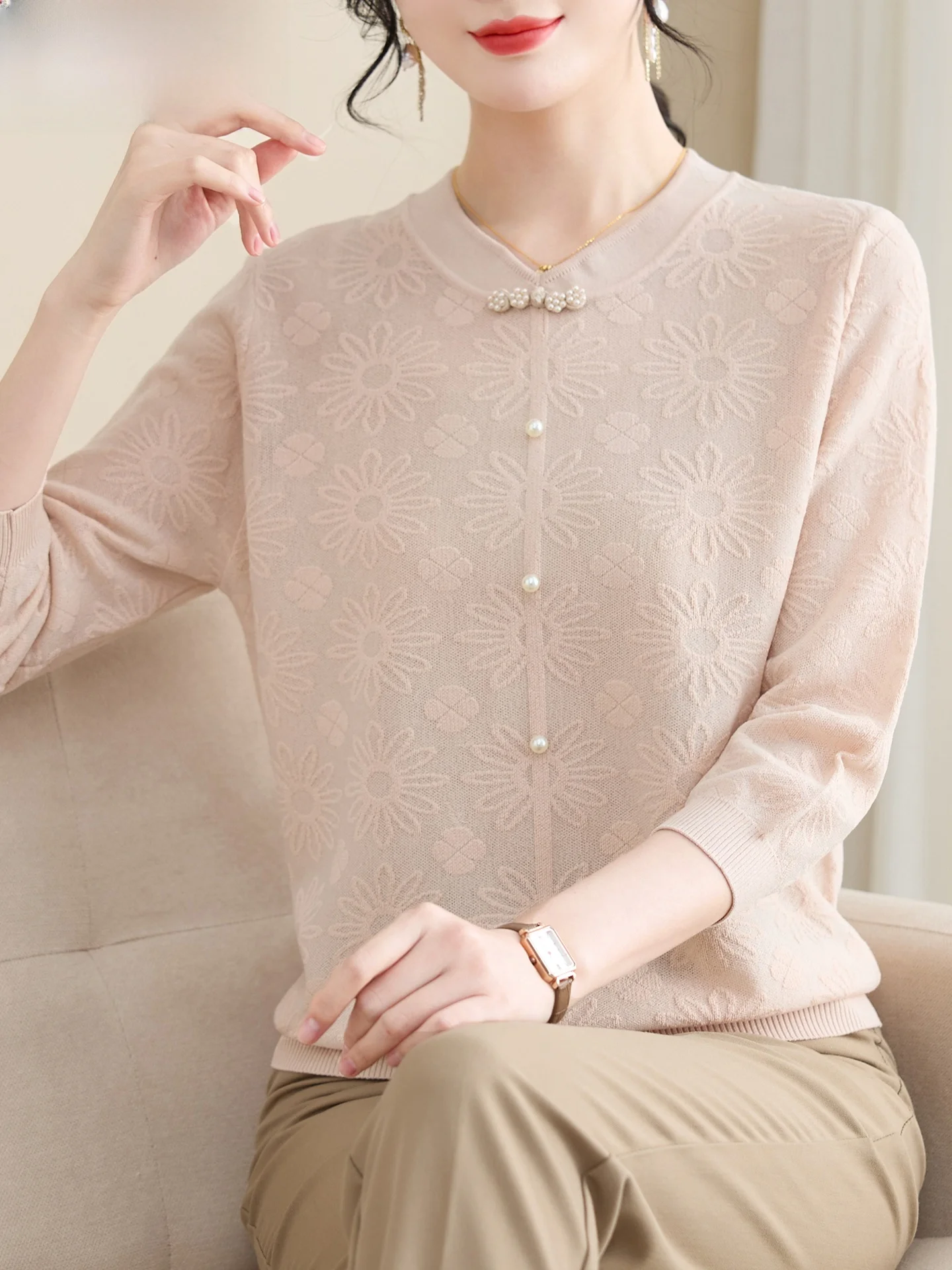 

Весенний вязаный свитер с рукавом три четверти для женщин среднего и старшего возраста, модный базовый слой, высококачественная одежда для мам