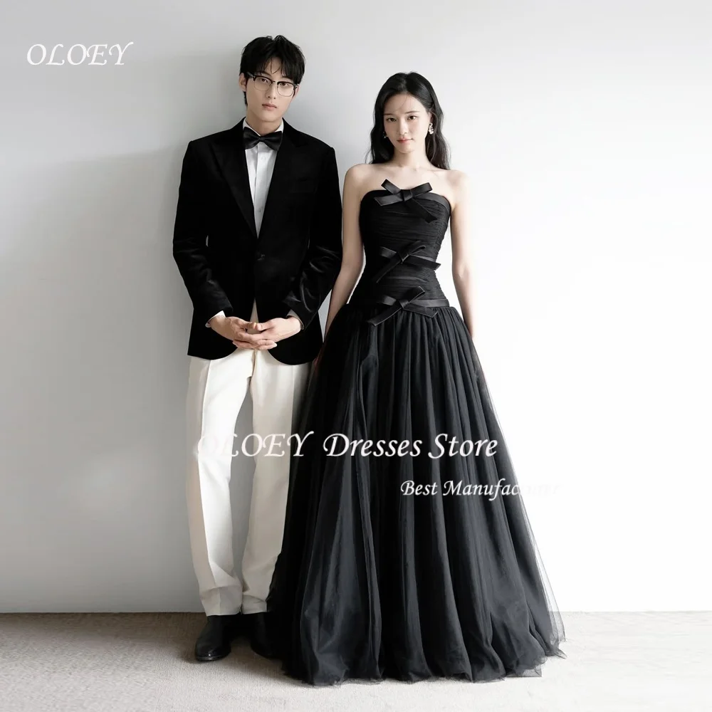 OLOEY 2026 Simple Black Strapless Korean Evening Dresses Customized with Bow A-Line Party Dress Formal Gowns