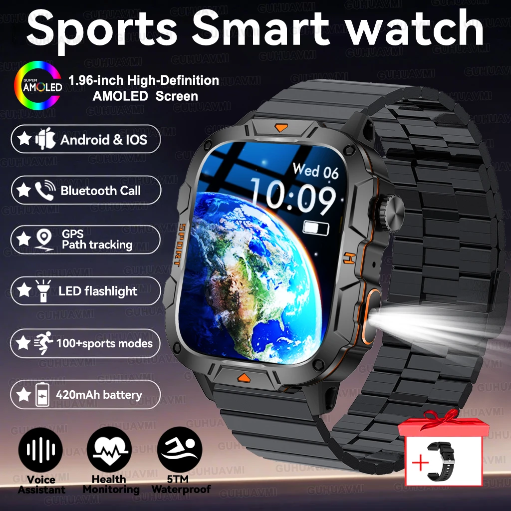 2025 For Xiaomi Outdoor Sports Smart Watch GPS trackr 5ATM Flashlight 1.96" HD Display Screen Bluetooth call Men Fitness Watches