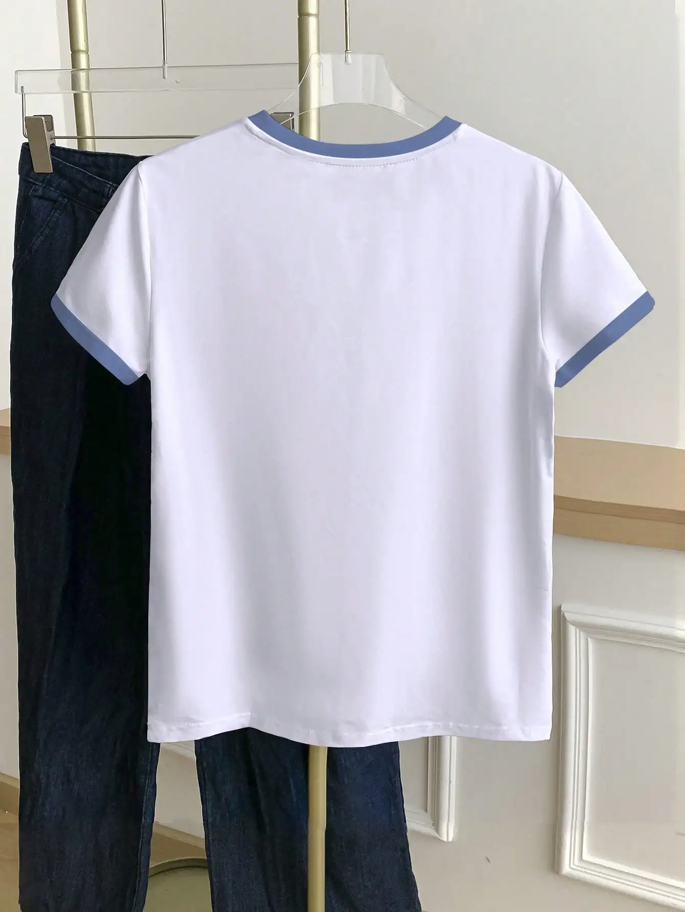 2026 Women Blue Ringer T-Shirt, 3 Denim Patchwork Heart Graphic Print Crew Neck Short Sleeve Sweet Casual Summer White Tee