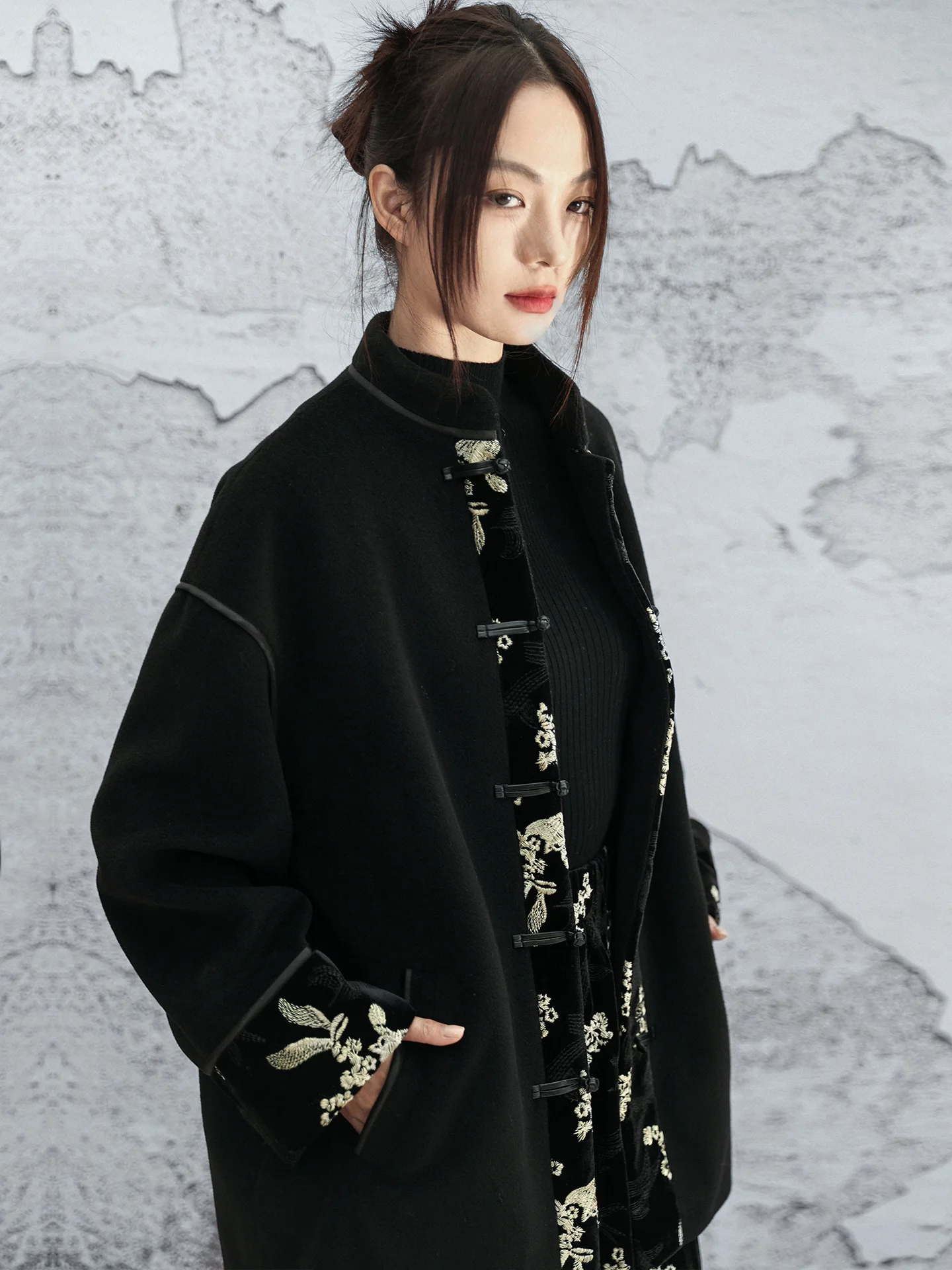 

Thi бархатная лоскутная верхняя одежда, женское зимнее пальто Bla золотого цвета Blo Ukejin, новый китайский длинный воротник-стойка